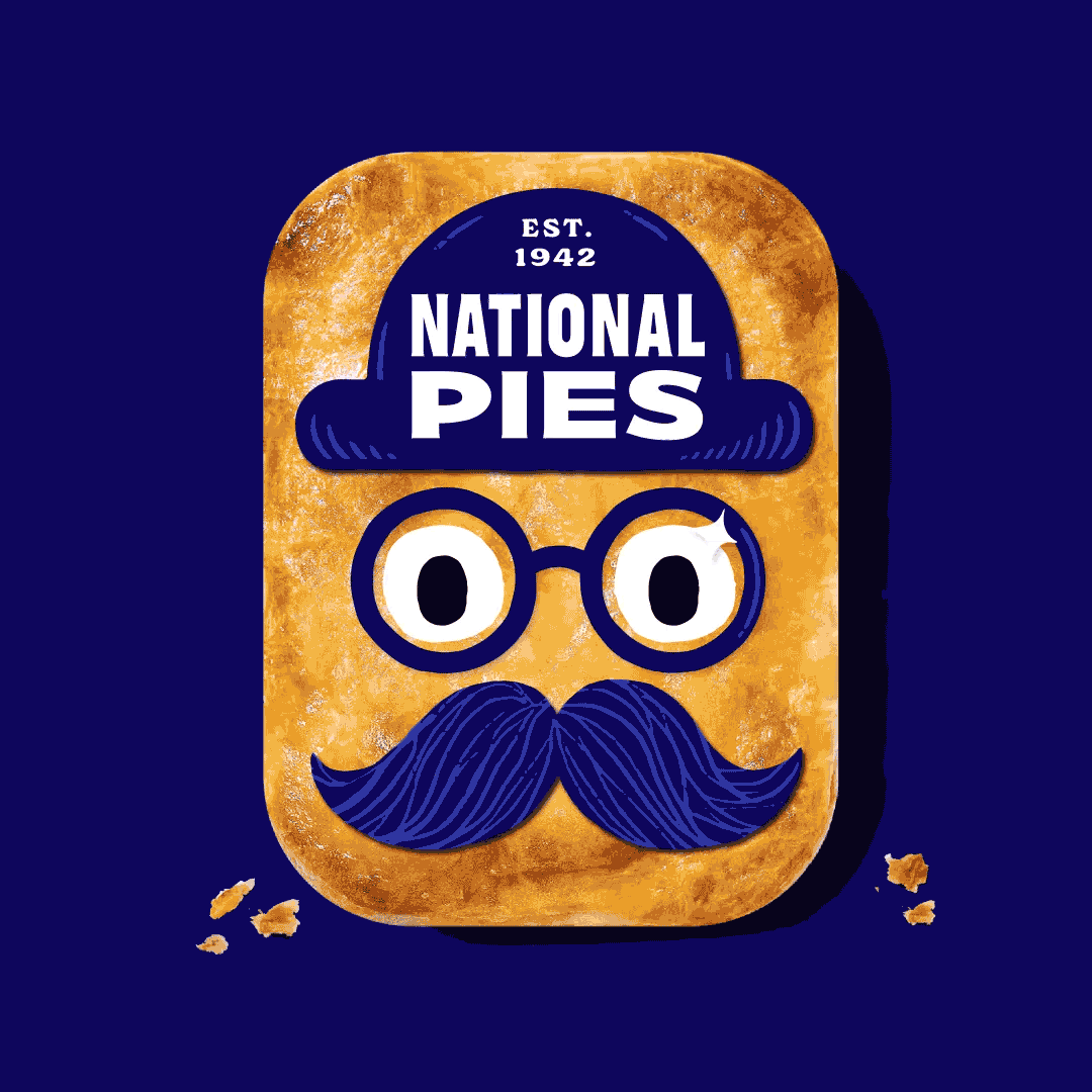 An Australian style rectangular meat pie with an animated National Pies logo face on it